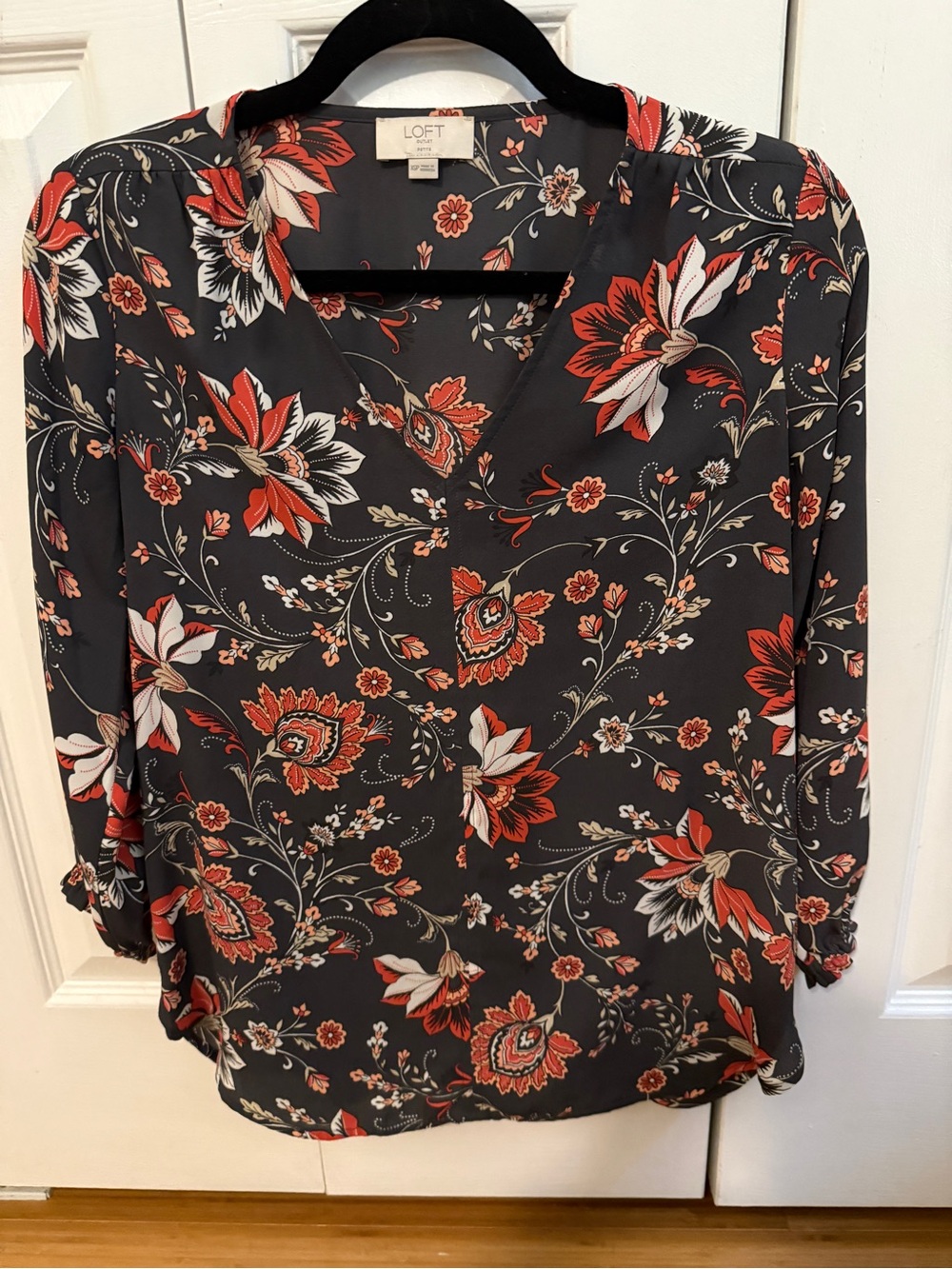 LOFT Black Floral V-Neck Blouse with Red and Cream Blooms